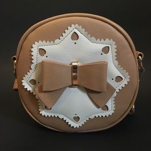 Small Round Beige Bow Crossbody Bag Gold Accents